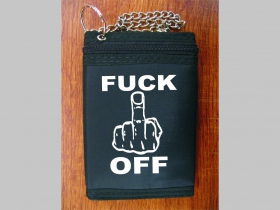 Fuck Off pevná textilná peňaženka s retiazkou a karabínkou, tlačené logo